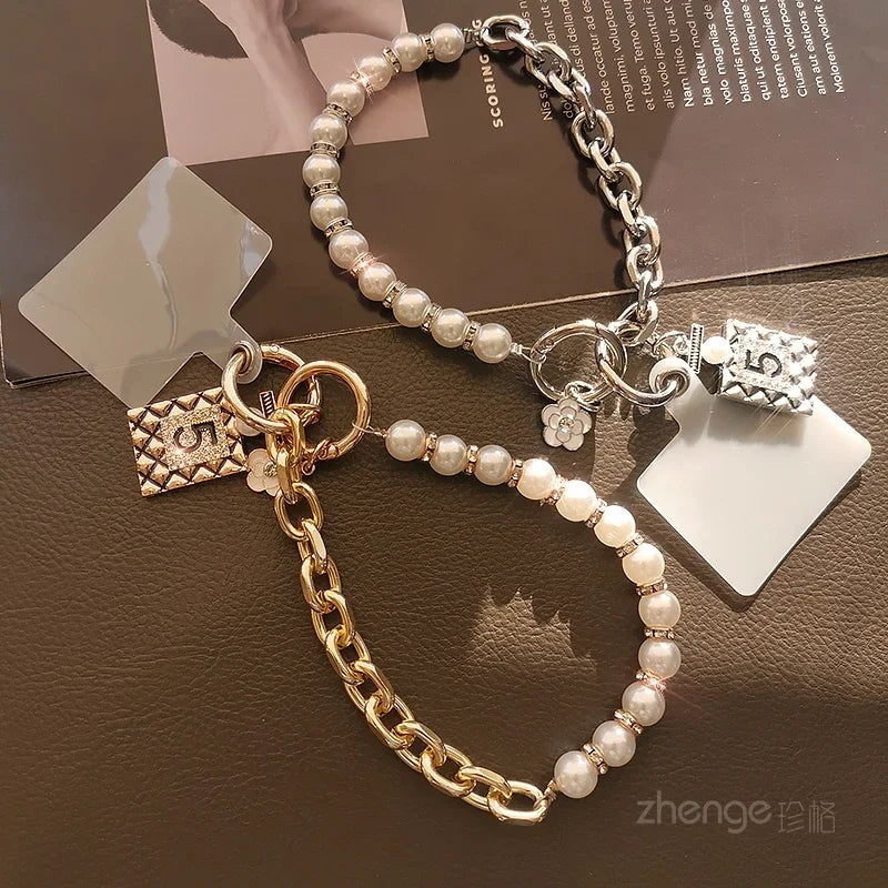 Mobile Phone Lanyard Pearl Chain No. 5 Hanging Tag Bracelet Short Wrist Strap Small Tag Metal Clip Phone Case Universal Strap