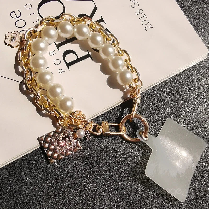 Short Wrist Strap No. 5 Hanging Tag Pearl Double Chain Mobile Phone Lanyard Women'S Handmade Pearl Chain Clip Universal Strap