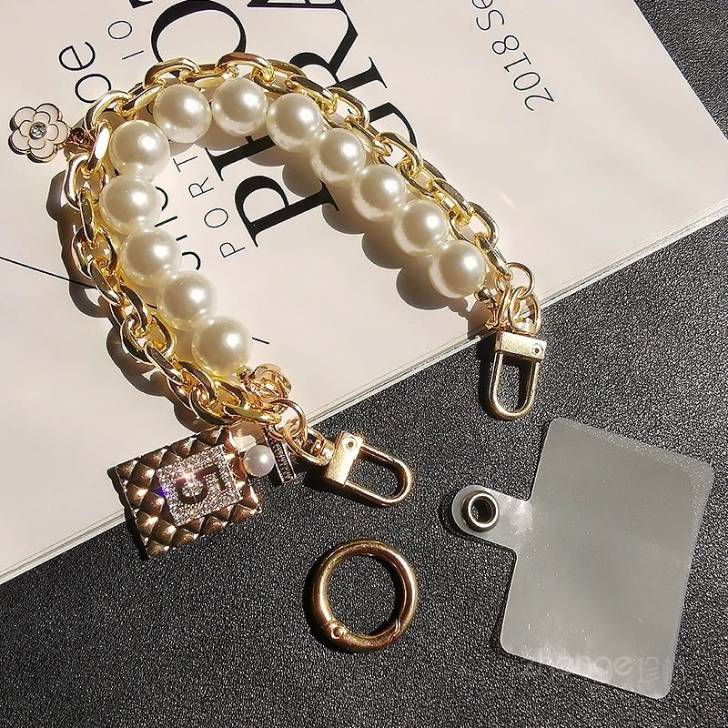 Short Wrist Strap No. 5 Hanging Tag Pearl Double Chain Mobile Phone Lanyard Women'S Handmade Pearl Chain Clip Universal Strap