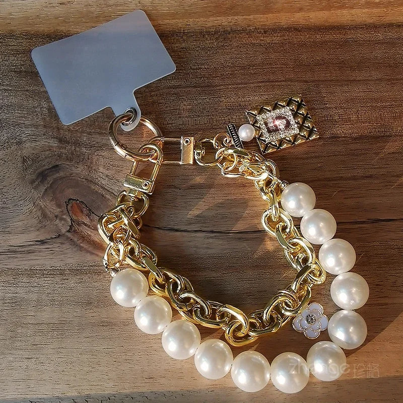 Short Wrist Strap No. 5 Hanging Tag Pearl Double Chain Mobile Phone Lanyard Women'S Handmade Pearl Chain Clip Universal Strap